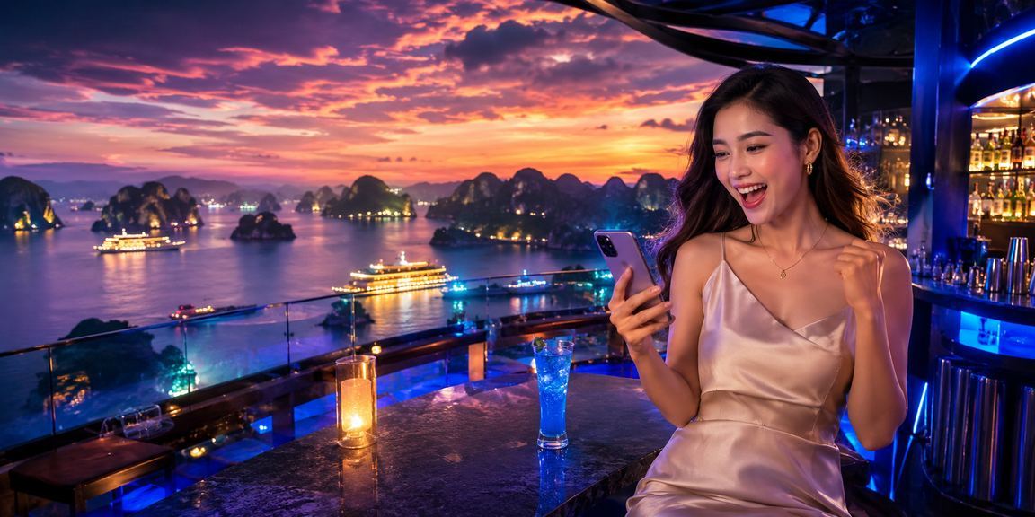 Người chơi trải nghiệm casino trên điện thoại với cảnh Vịnh Hạ Long